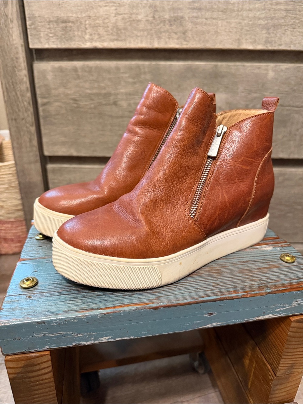 J Slides Tan Leather Wedge Sneaker Boot with Side Zip